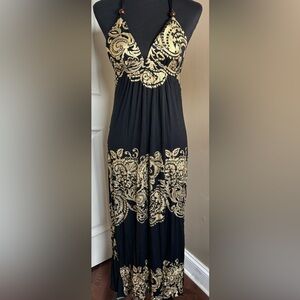 Rubber Ducky Productions Elegant Black and Gold Maxi Dress Grecian Goddess Rare